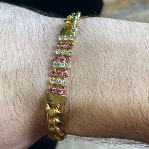 Vintage Deadstock 10KT Gold Filled Pink & White Quartz Crystal Figaro Bracelet